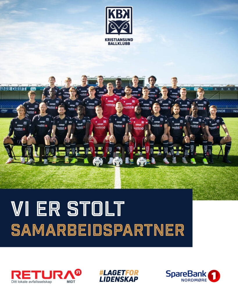 Bilde av laget til Kristiansund Ballklubb, eller KBK. Vi er stolt samarbeidspartner. Logo av Retura Midt- ditt lokale avfallsselskap. Logo av Sparebank1 Nordmøre. #laget for lidenskap.