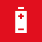 Nasjonal merke for batteri. Bakgrunn er rød for farlig avfall. Hvitt symbol er et oppstående rektangel, med et plusstegn og et minustegn på. Det er en knapp på toppen av rektangelet.