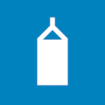Nasjonal merke for drikkekarton. Blå bakgrunn for papp, papir og kartong. Hvitt symbol ser ut som en melkekartong.