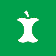 Nasjonal merke for matavfall. Knallgrønn bakgrunn for matavfall. Hvitt symbol er en epleskrott med to bit tatt fra hver side.