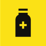 Nasjonal merke for medisinsk avfall. Gul bakgrunn for risikoavfall. Bilde av en tablettflaske i sort, med et gult kors i midten.
