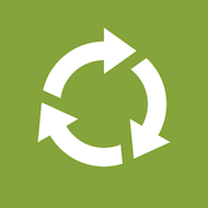 Nasjonal merke for ombruk. Lysgrønn bakgrunn for ombruk. Hvitt symbol av et resirkuleringsmerke. altså 3 piler som går i en sirkel.