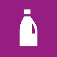 Nasjonal merke for emballasje av plast. Lilla bakgrunn for plast. Hvitt symbol som ser ut som en flaske med tøymykner.
