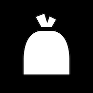 Nasjonal merke for restavfall. Bakgrunnen er sort for restavfall. Hvitt symbol av en knytet søppelsekk.