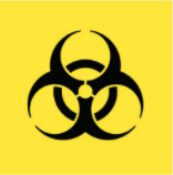 Nasjonal merke for smittefarlig avfall. Gul bakgrunn for risikoavfall. Bilde av en radioaktiv symbol i sort.