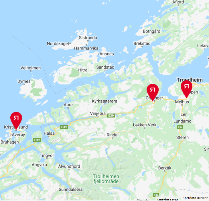 Kart av Retura Midts områder. Fra Melhus til Averøy. Fra Frøya til Berkåk, Oppdal og Sunndalsøra.