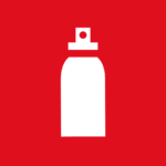 Nasjonalt merke for spraybokser. Knallrød bakgrunn for farlig avfall. Hvitt symbol av en sprayboks.